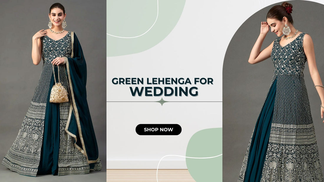 Various shades of green lehengas displayed with product images, showcasing options for wedding attire by PepaBai
