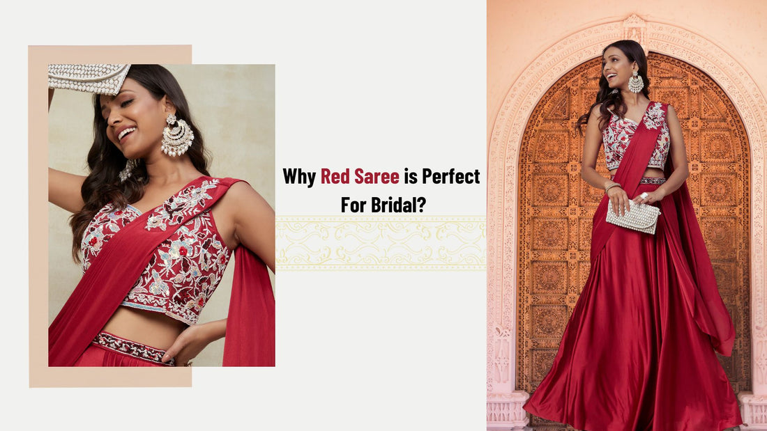 Red saree draped on a bridal model, representing tradition, elegance, and auspiciousness for weddings by Pepabai.
