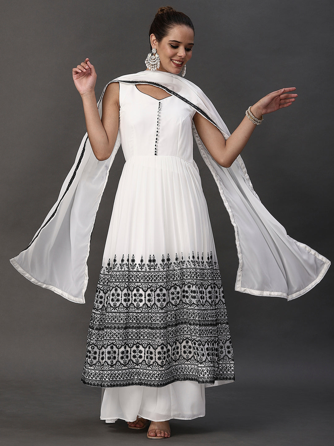 White V Neck Embroidery Ethnic / Paty Sharara Suit With Dupatta - PepaBai