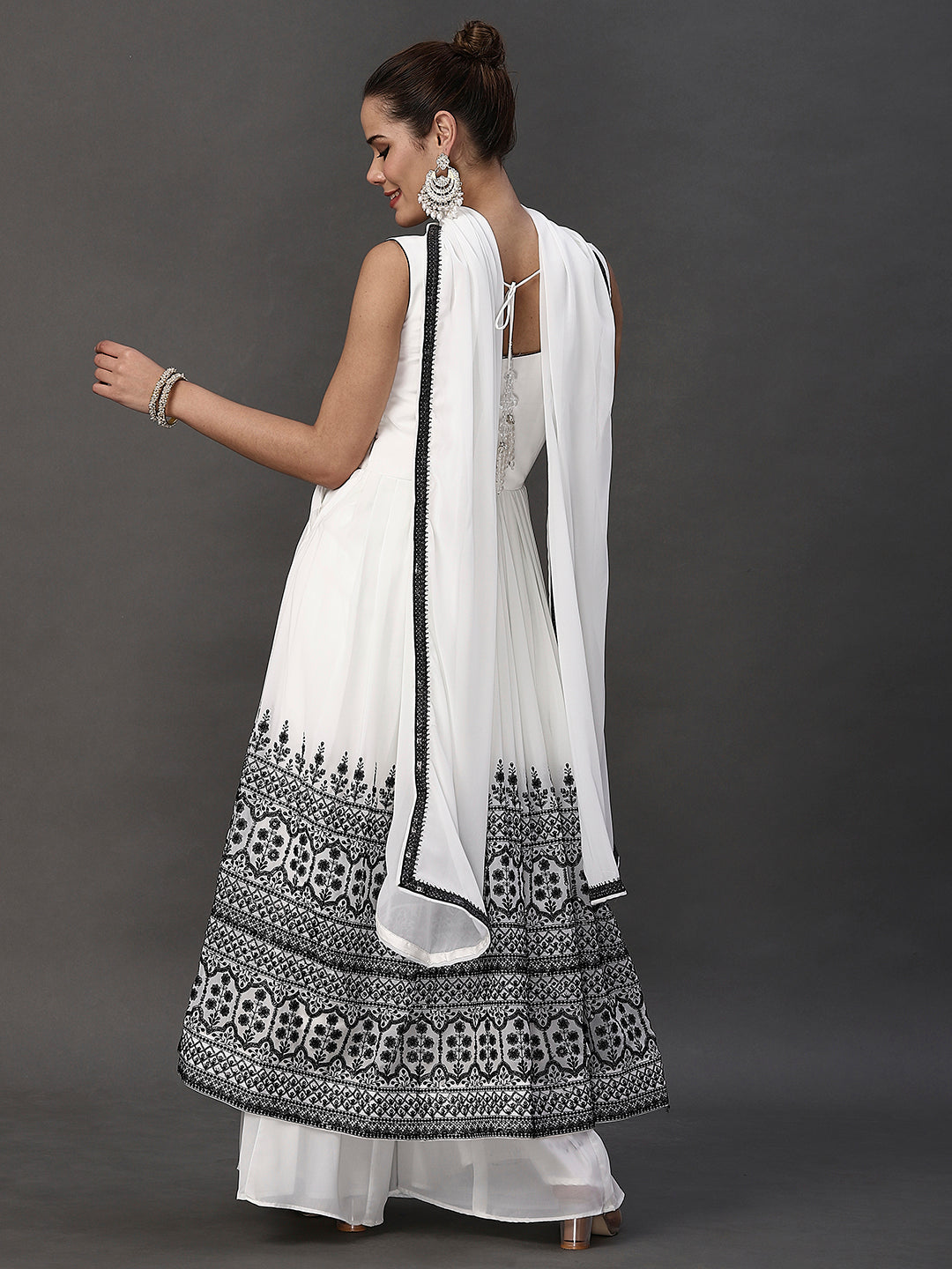 White V Neck Embroidery Ethnic / Paty Sharara Suit With Dupatta - PepaBai
