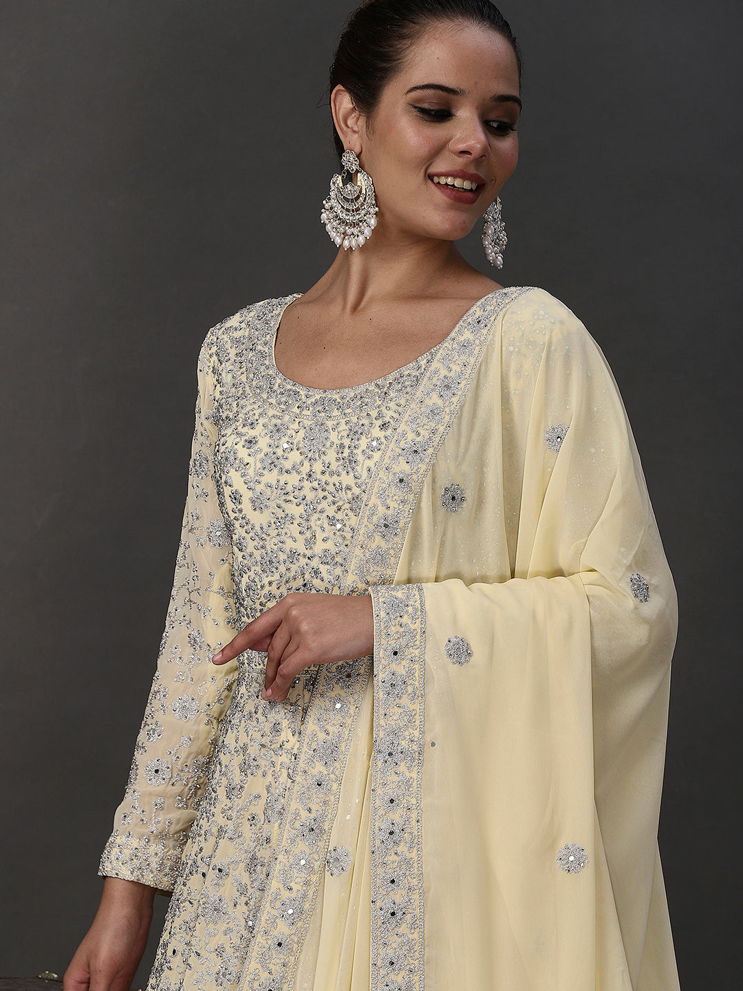 Cream Round Neck Embroidery Ethnic / Paty Sharara Suit With Dupatta - PepaBai