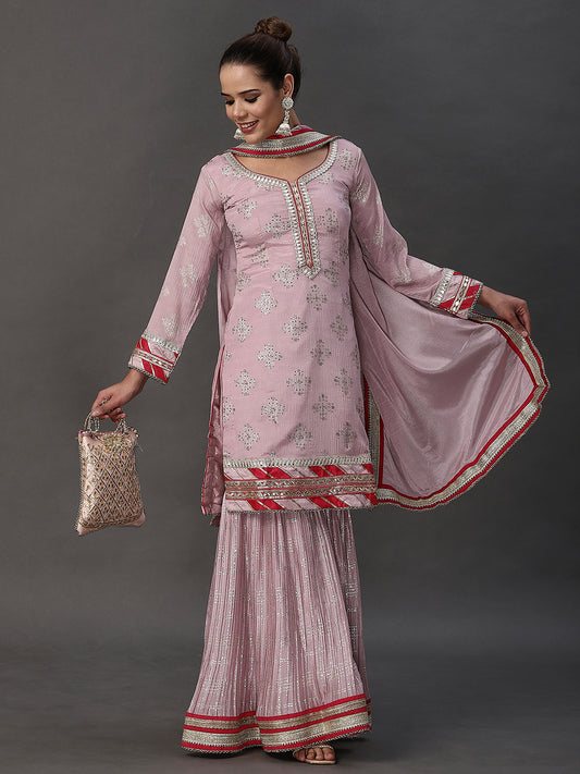 Light Pink Round Neck Embroidery Ethnic / Paty Sharara Suit With Dupatta - PepaBai