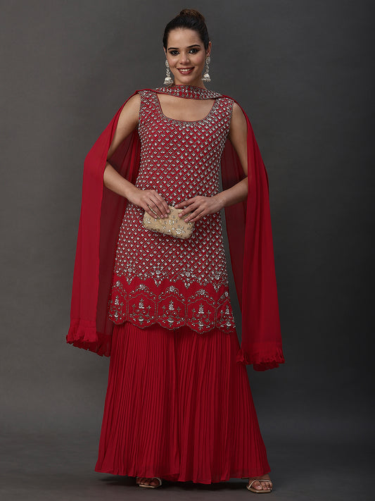 Red Square Neck Embroidery Ethnic / Paty Sharara Suit With Dupatta - PepaBai