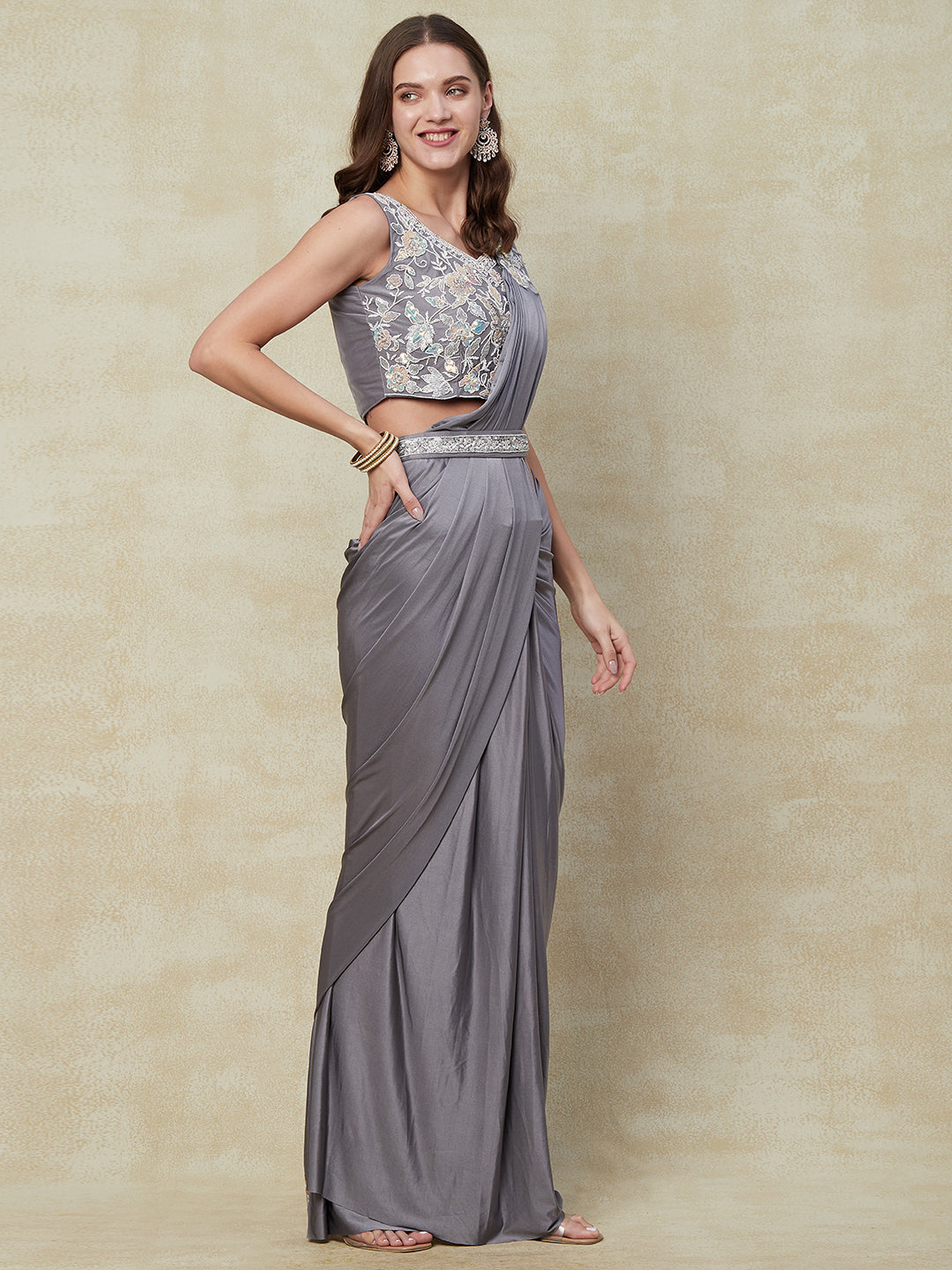 Grey Color Ready To Wear Saree With Embroidery Work With Blouse - PepaBai