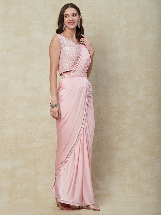 Pastel Light Pink Lycra Ready To Wear Saree With Embroidery Work With Blouse - PepaBai