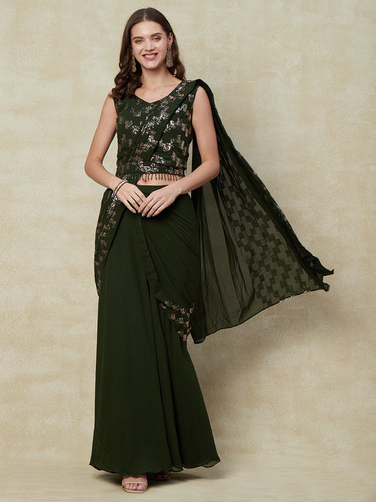 Dark Green Georgette Ready To Wear Saree With Ruffled Work With Blouse from PepaBai