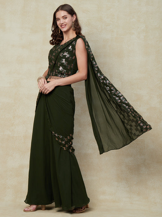 Dark Green Georgette Ready To Wear Saree With Ruffled Work With Blouse - PepaBai