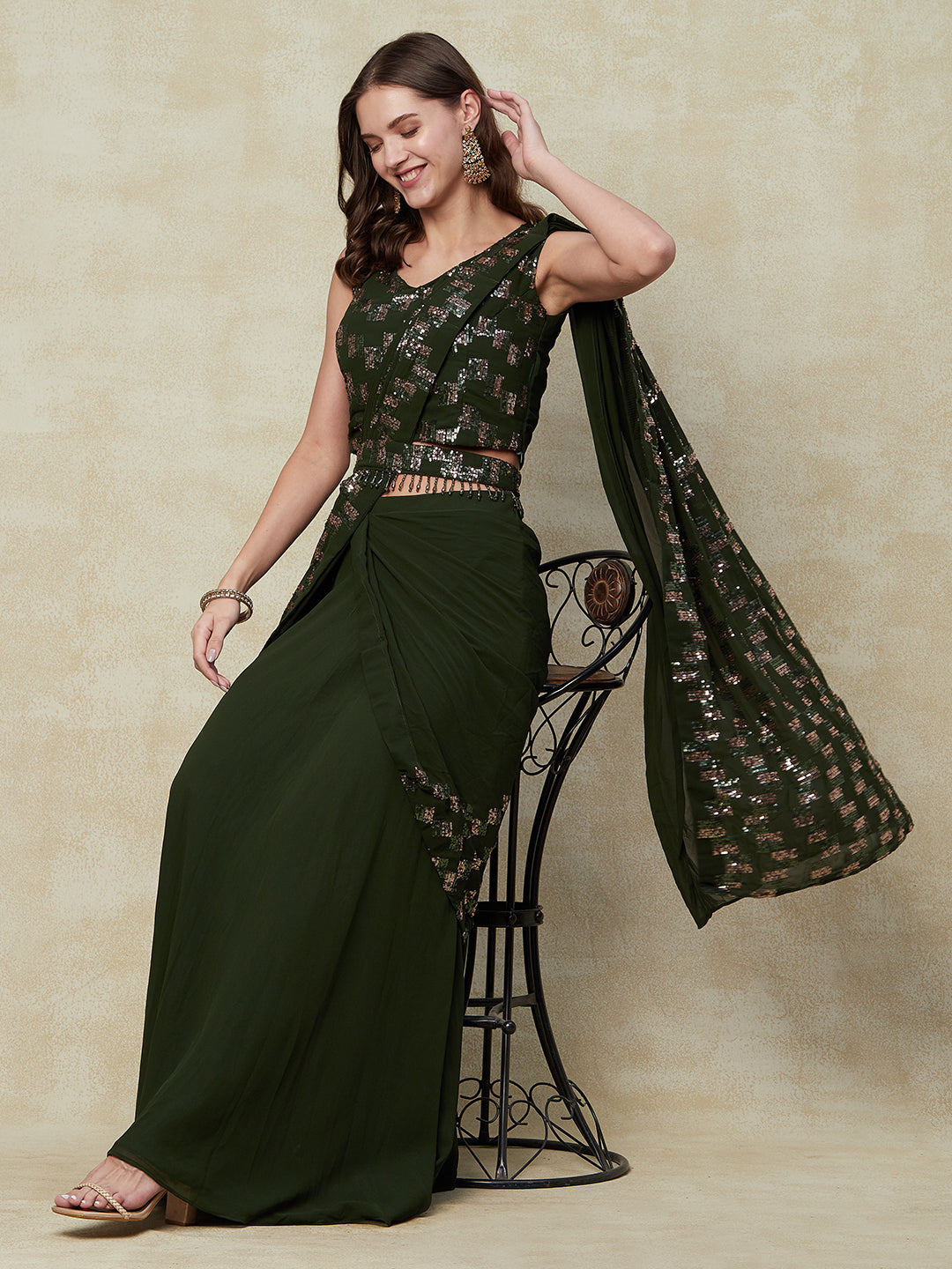 Dark Green Georgette Ready To Wear Saree With Ruffled Work With Blouse from PepaBai