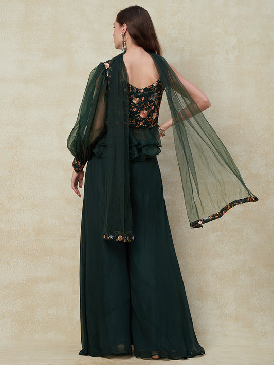 Green Georgette Sharara Suit With Floral Embroidery from PepaBai