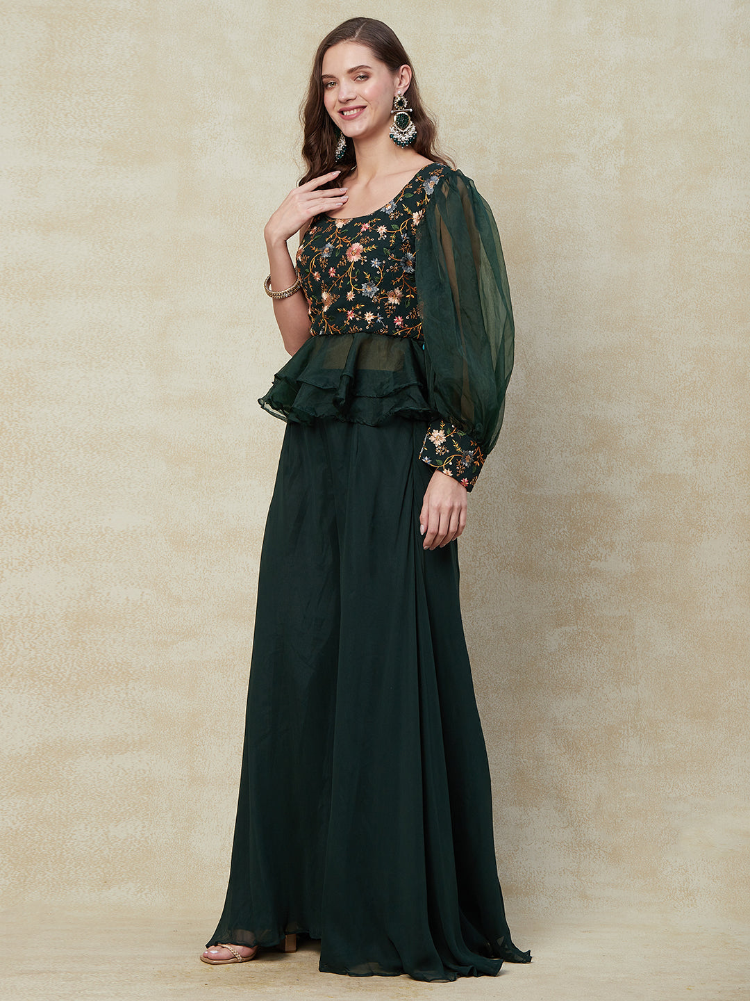 Green Georgette Sharara Suit With Floral Embroidery from PepaBai