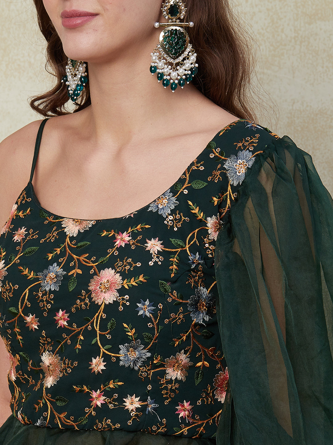 Green Georgette Sharara Suit With Floral Embroidery - PepaBai