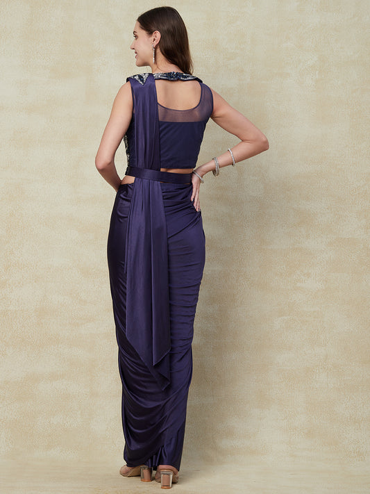 Dark Purple Lycra Ready-To-Wear Saree With Embroidery Work With Blouse - PepaBai