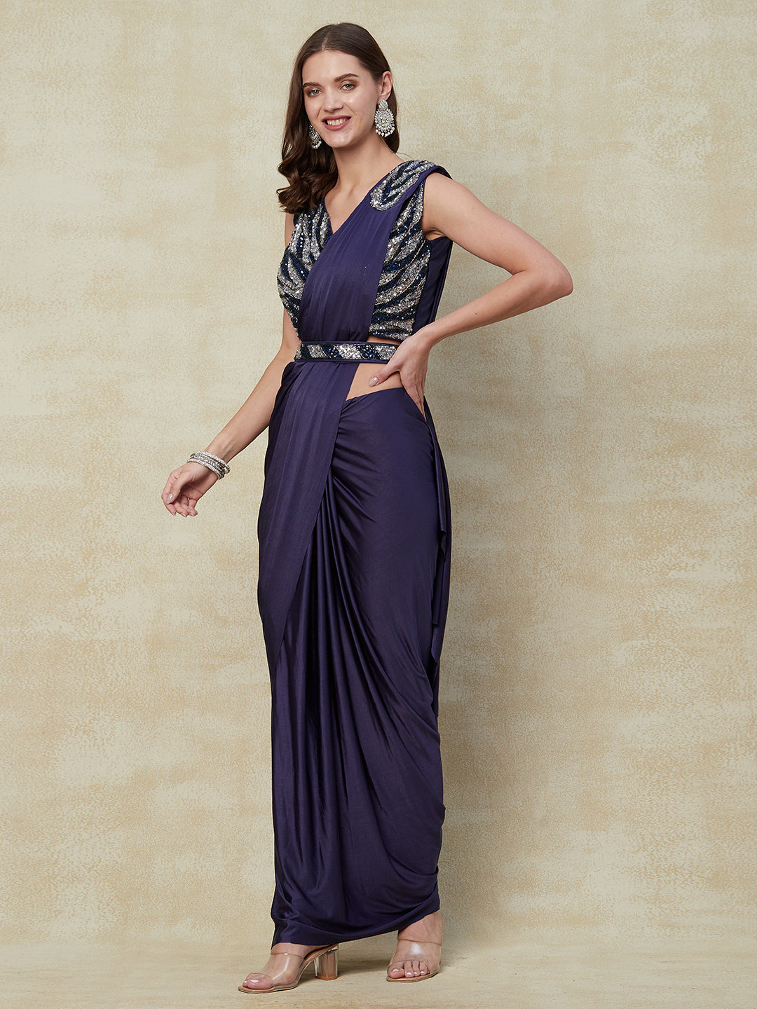 Dark Purple Lycra Ready-To-Wear Saree With Embroidery Work With Blouse from PepaBai