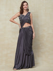 Dark Grey Lycra Style Saree With Embroidery Work With Blouse from PepaBai