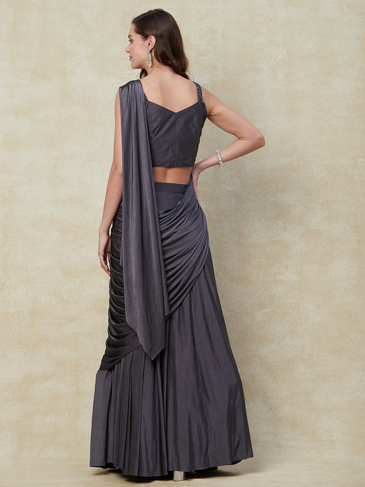 Dark Grey Lycra Style Saree With Embroidery Work With Blouse - PepaBai