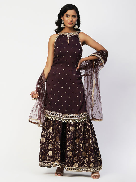 Purple Georgette Burgundy Halter Neck Sharara Suit - PepaBai