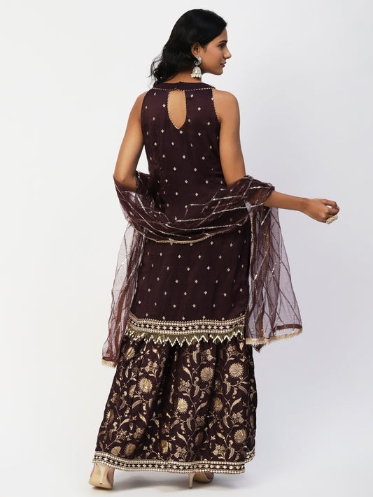 Purple Georgette Burgundy Halter Neck Sharara Suit - PepaBai