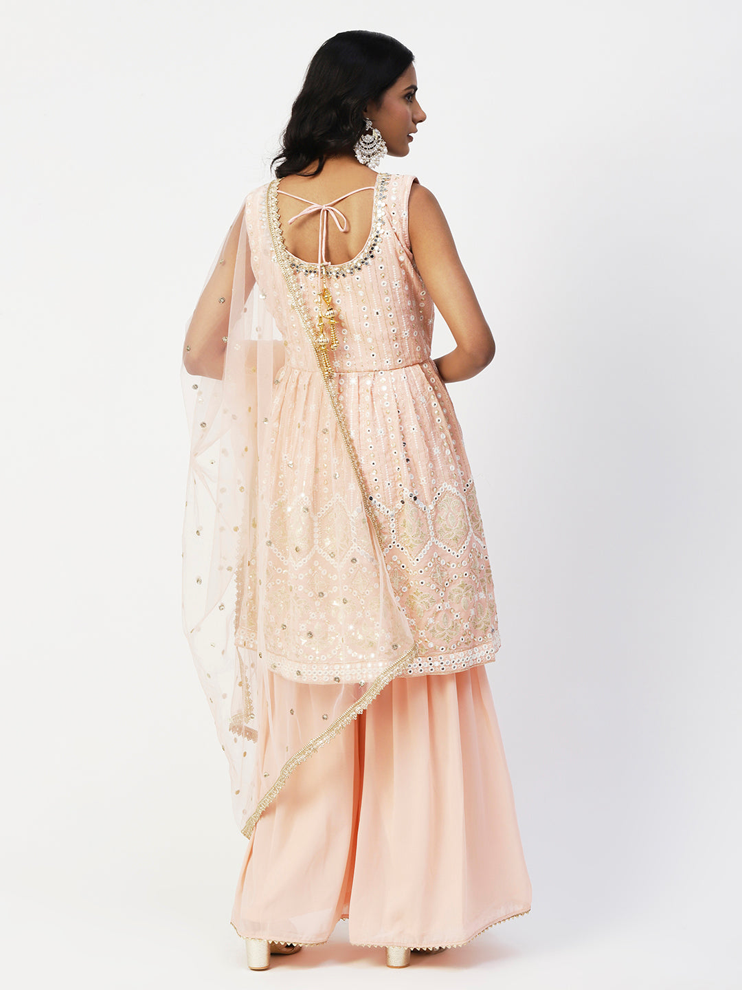 Peach Georgette Sharara Suit with Elegant White Embroidery - PepaBai