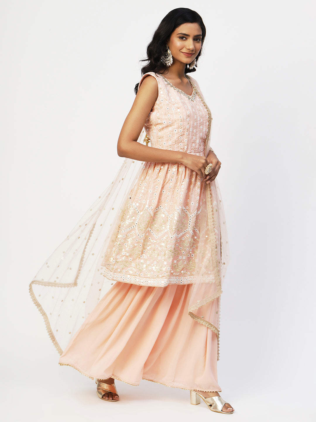 Peach Georgette Sharara Suit with Elegant White Embroidery - PepaBai