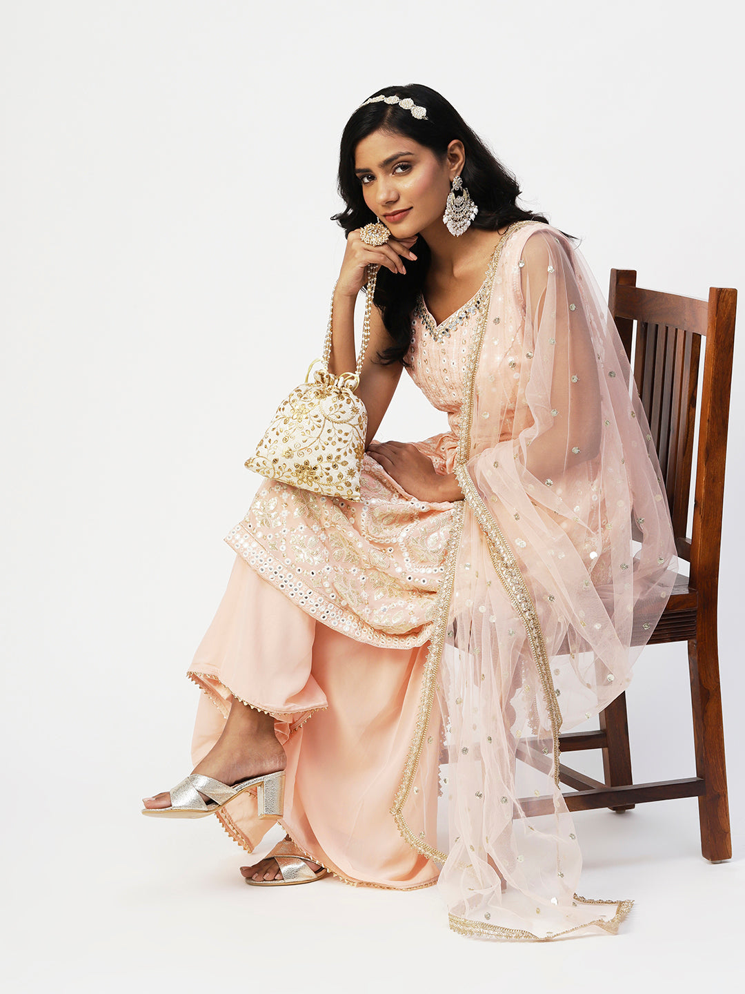 Peach Georgette Sharara Suit with Elegant White Embroidery - PepaBai