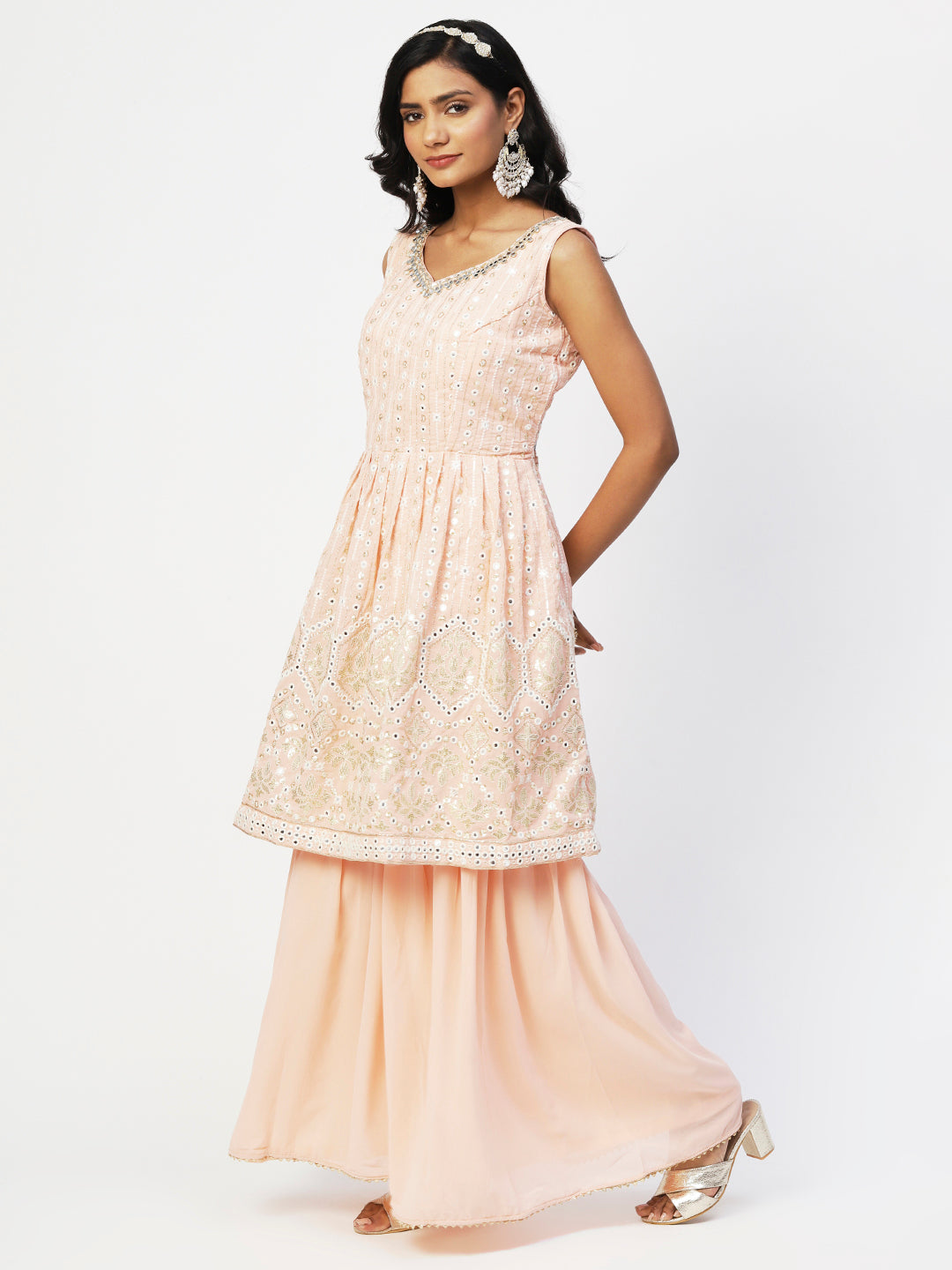 Peach Georgette Sharara Suit with Elegant White Embroidery - PepaBai