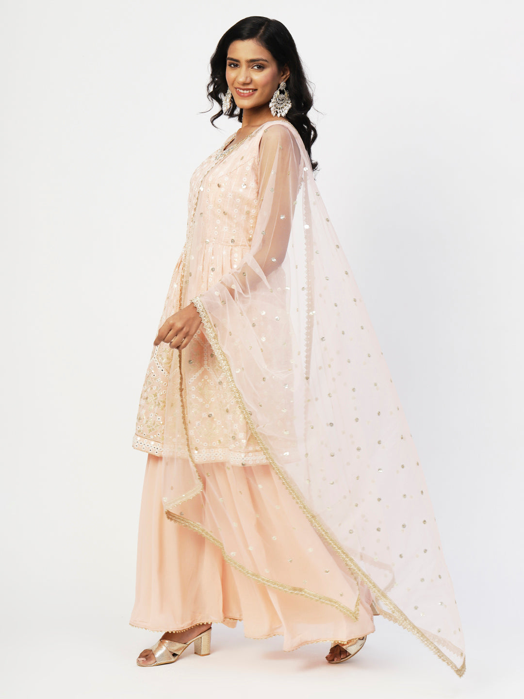 Peach Georgette Sharara Suit with Elegant White Embroidery - PepaBai