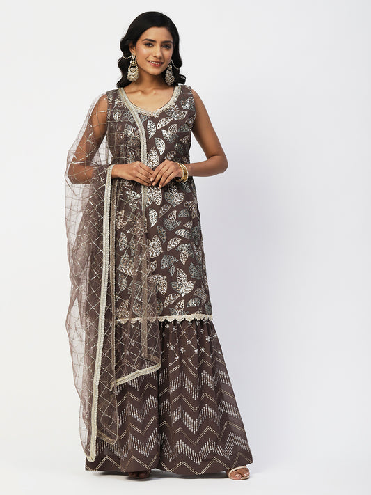 Brown Georgette Sharara Suit with Gold and Silver Sequins - PepaBai
