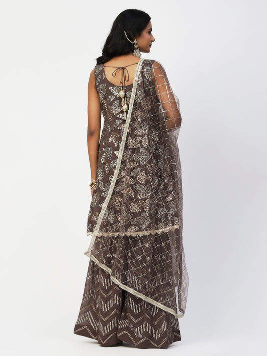 Brown Georgette Sharara Suit with Gold and Silver Sequins - PepaBai