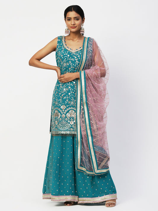 Blue Georgette Turquoise Sharara Set with Gold Embroidery - PepaBai