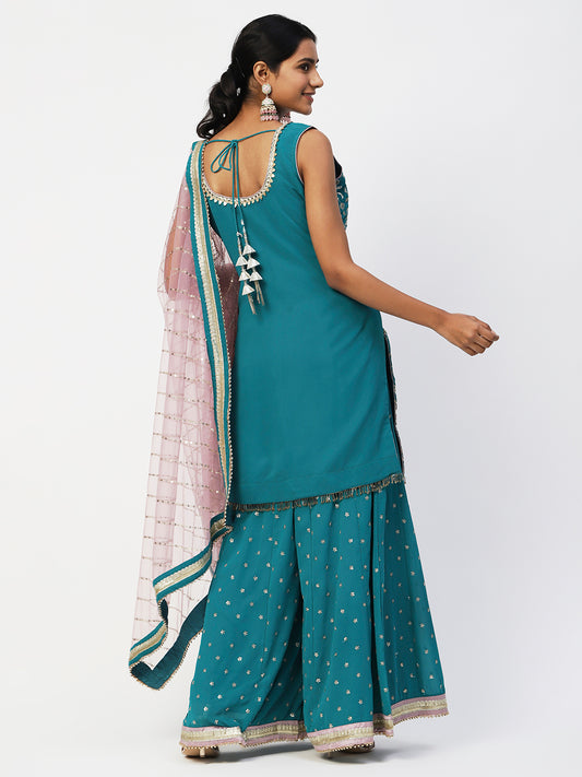 Blue Georgette Turquoise Sharara Set with Gold Embroidery - PepaBai