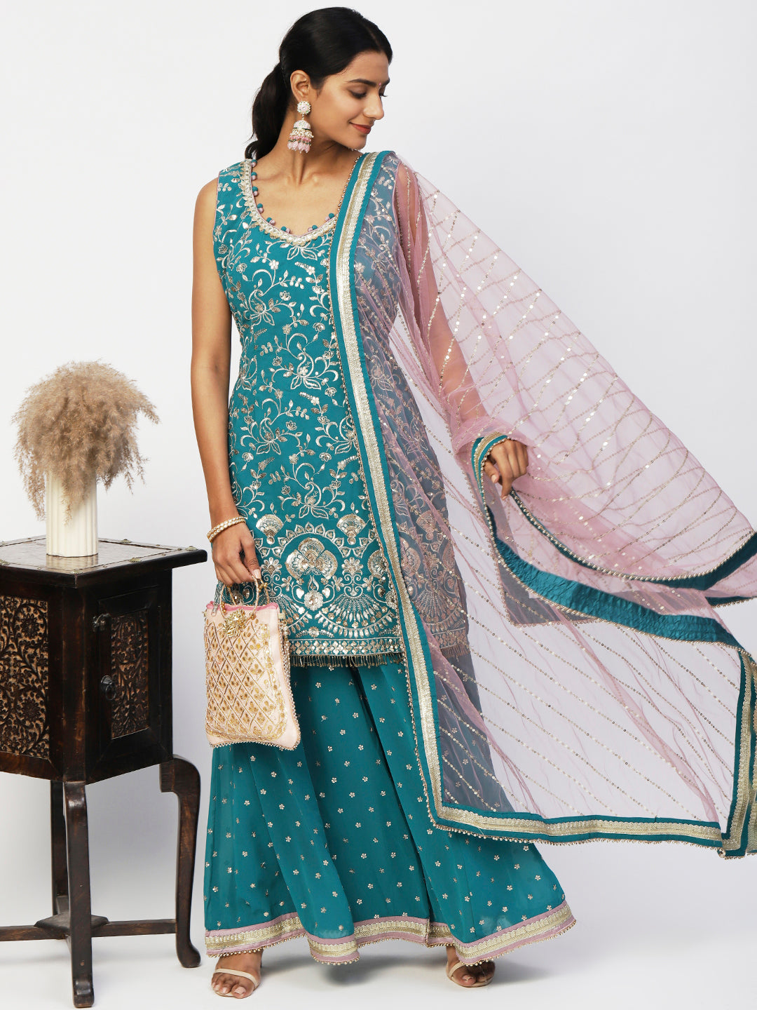 Blue Georgette Turquoise Sharara Set with Gold Embroidery - PepaBai
