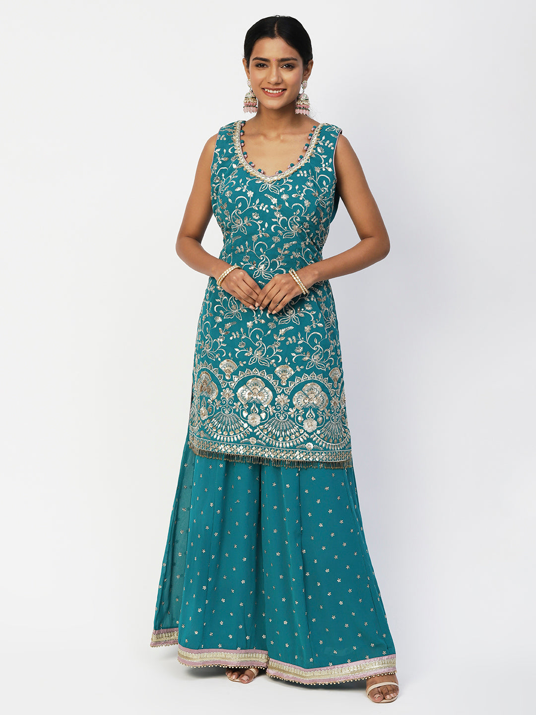 Blue Georgette Turquoise Sharara Set with Gold Embroidery - PepaBai