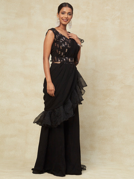 Black Georgette Ready to Wear Saree With Ruffled Work with Blouse - PepaBai