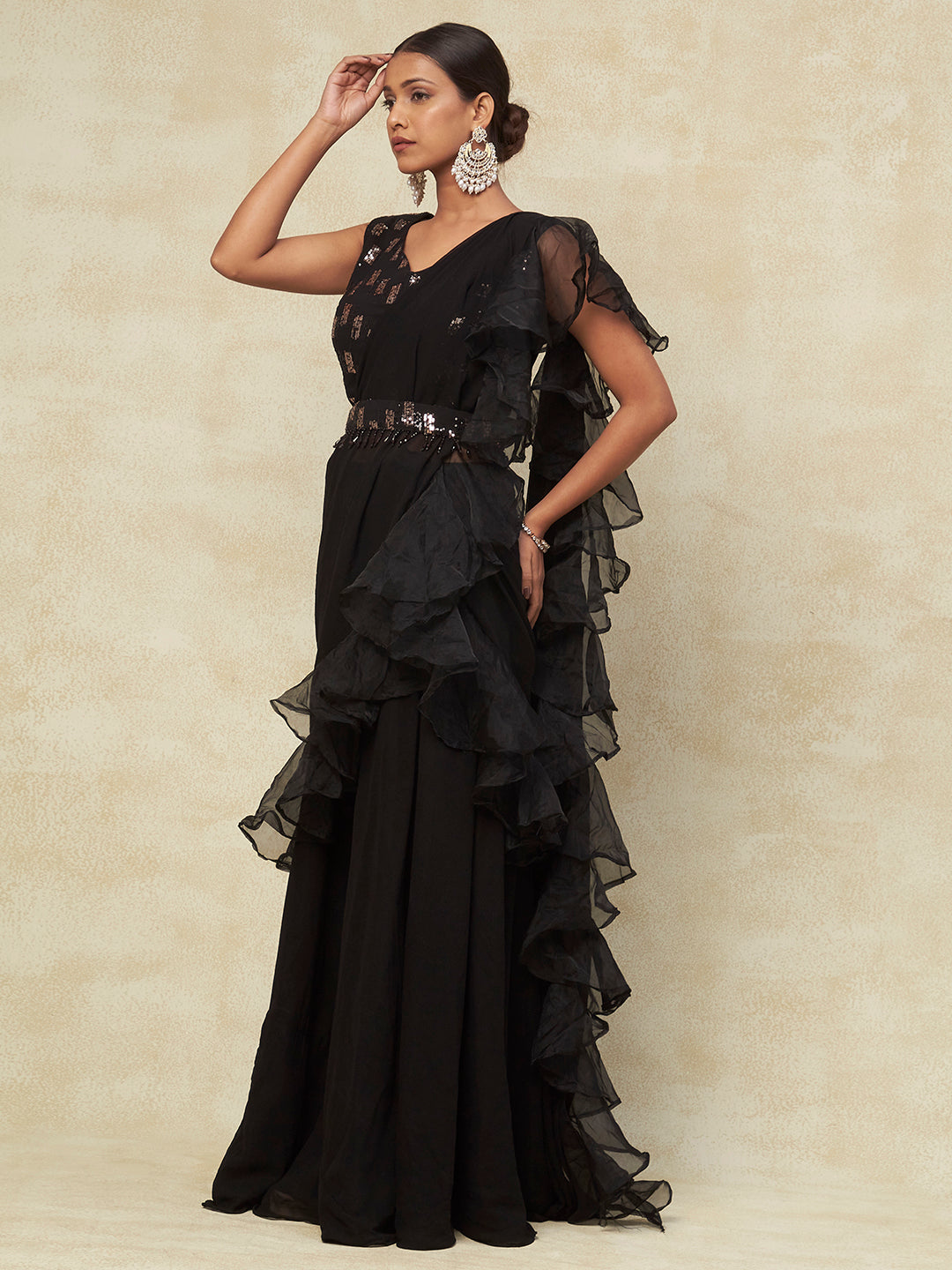 Black Georgette Ready to Wear Saree With Ruffled Work with Blouse from PepaBai