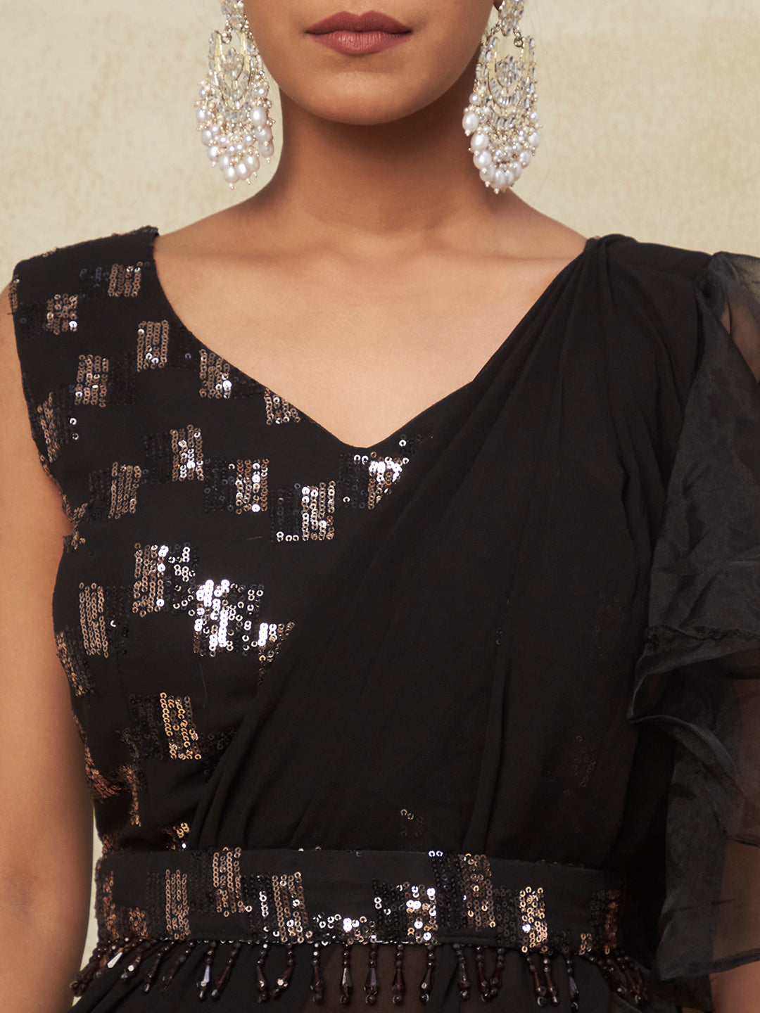 Black Georgette Ready to Wear Saree With Ruffled Work with Blouse - PepaBai