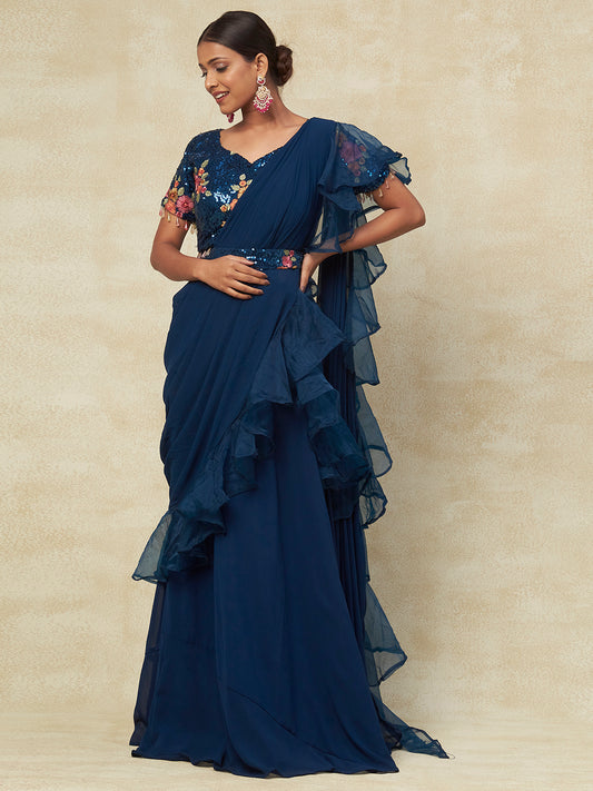 Blue Georgette Ready to Wear Saree With Ruffled Work with Blouse - PepaBai