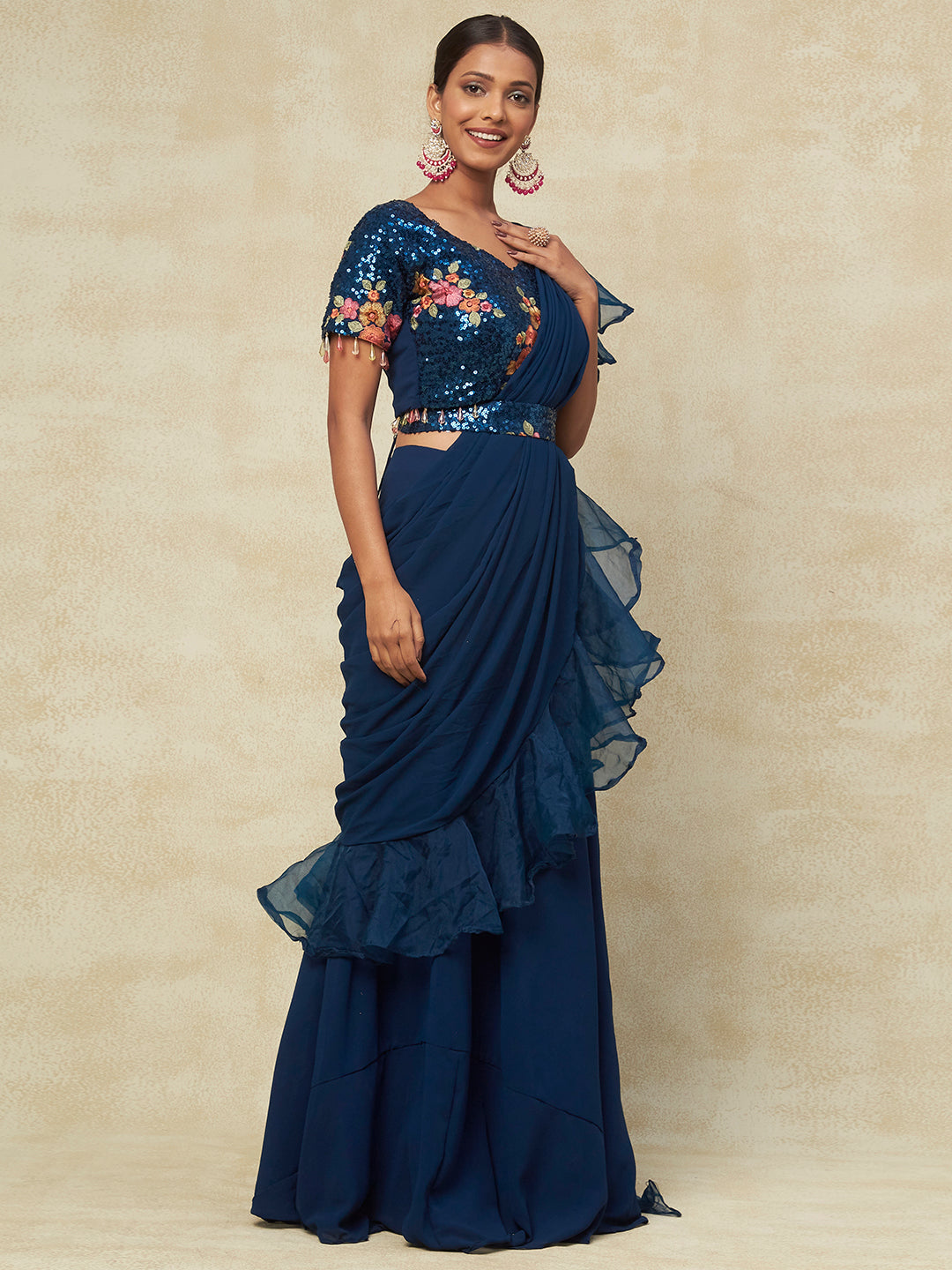 Blue Georgette Ready to Wear Saree With Ruffled Work with Blouse - PepaBai