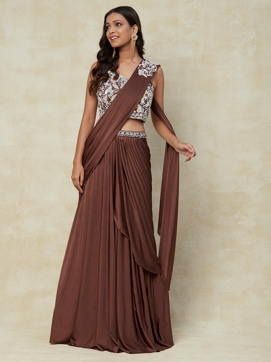 Brown Lycra Saree With Embroidery Work with Blouse - PepaBai