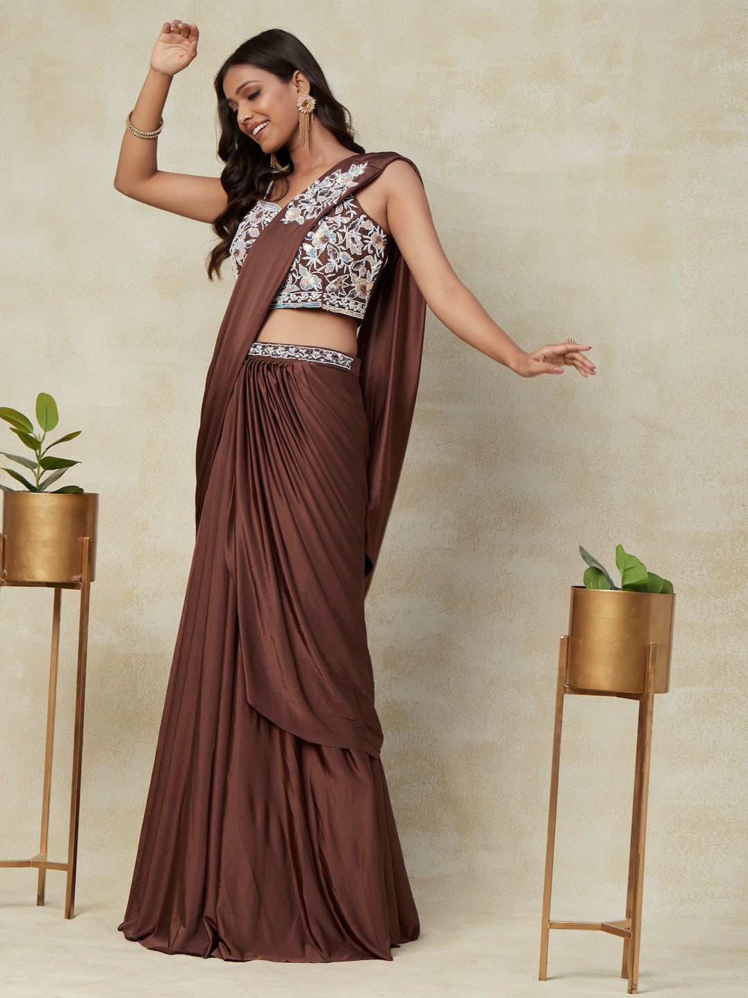 Brown Lycra Saree With Embroidery Work with Blouse - PepaBai
