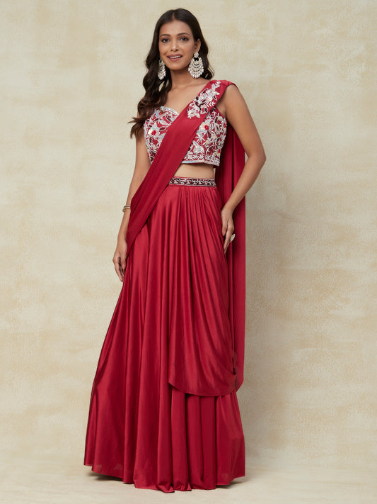 Red Lycra Saree With Embroidery Work with Blouse - PepaBai