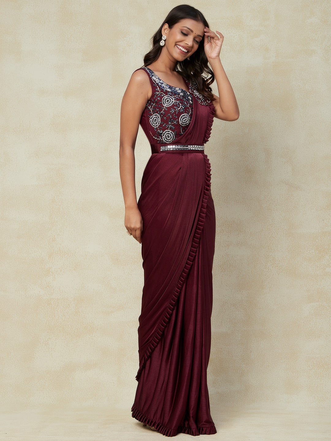 Maroon and Grey Lycra Ready to Wear Saree With Embroidery Work with Blouse - PepaBai