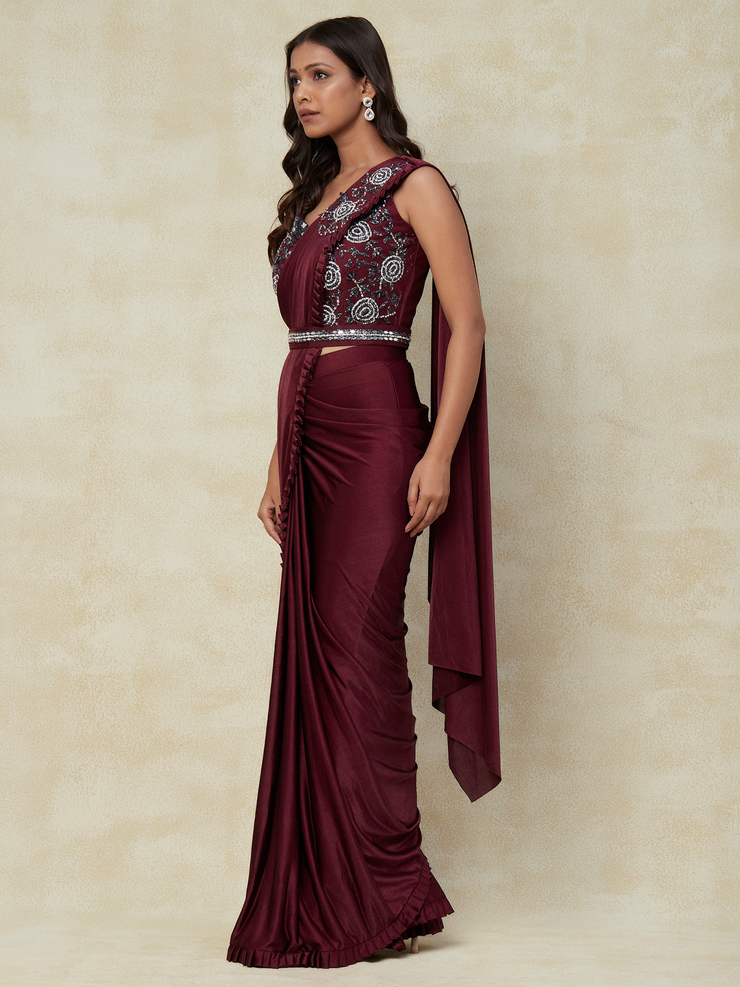 Maroon and Grey Lycra Ready to Wear Saree With Embroidery Work with Blouse - PepaBai