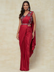 Red and Grey Lycra Ready to Wear Saree With Embroidery Work with Blouse - PepaBai