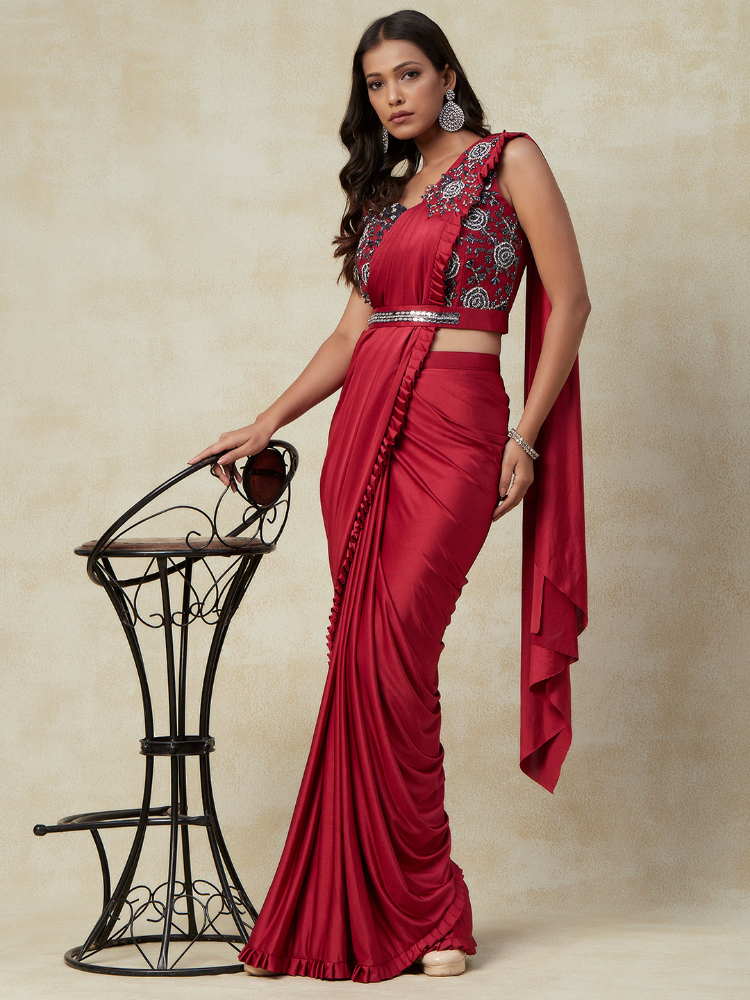 Red and Grey Lycra Ready to Wear Saree With Embroidery Work with Blouse - PepaBai