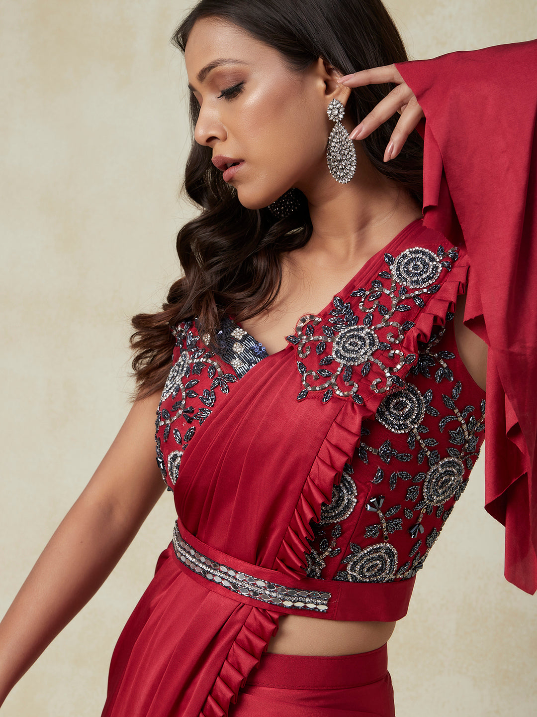 Red and Grey Lycra Ready to Wear Saree With Embroidery Work with Blouse - PepaBai