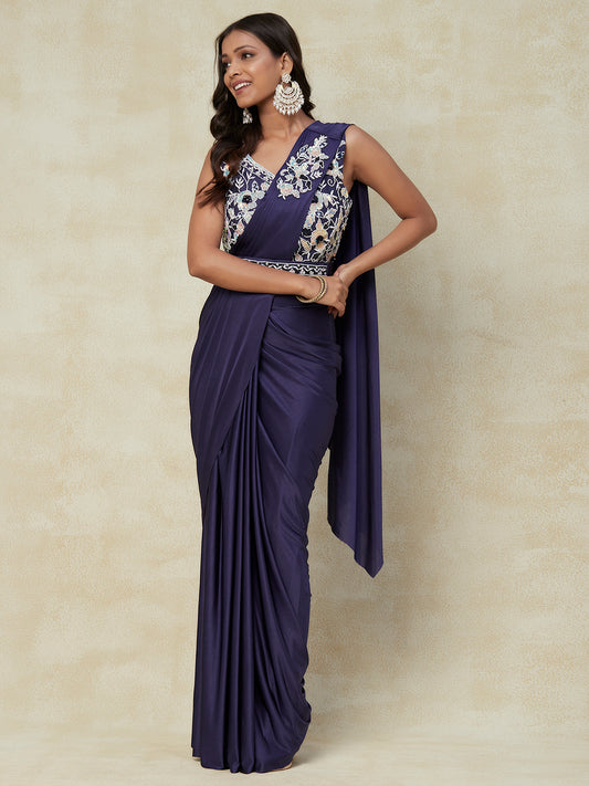 Purple Color Ready to Wear Saree With Embroidery Work with Blouse - PepaBai