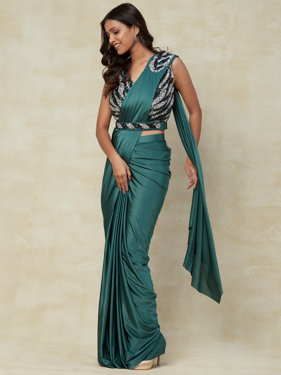 Green Lycra Ready to Wear Saree With Embroidery Work with Blouse - PepaBai