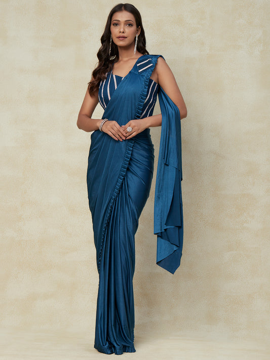 Blue Lycra Ready to Wear Saree With Embroidery Work with Blouse - PepaBai