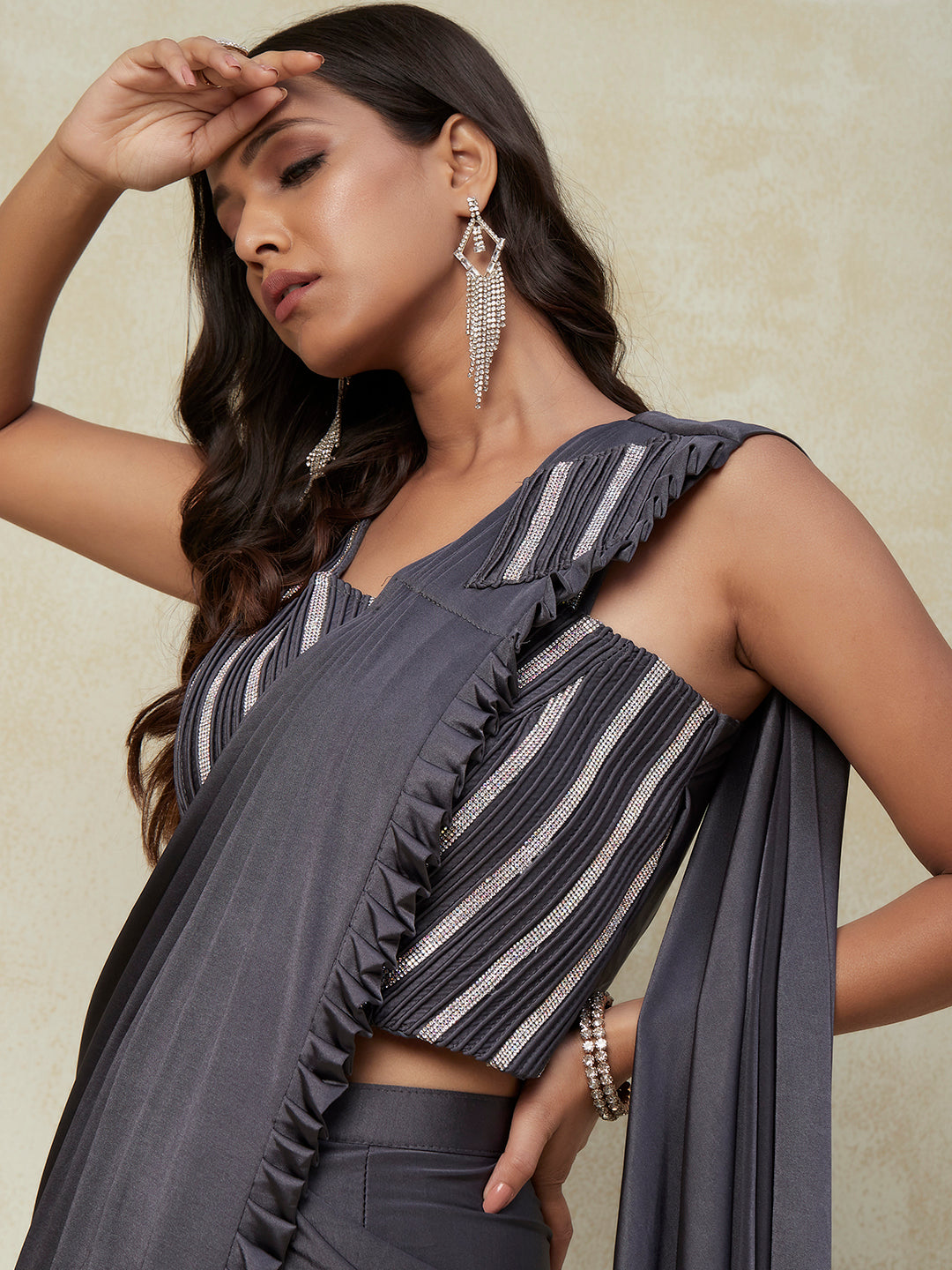Grey Lycra Ready to Wear Saree With Embroidery Work with Blouse - PepaBai