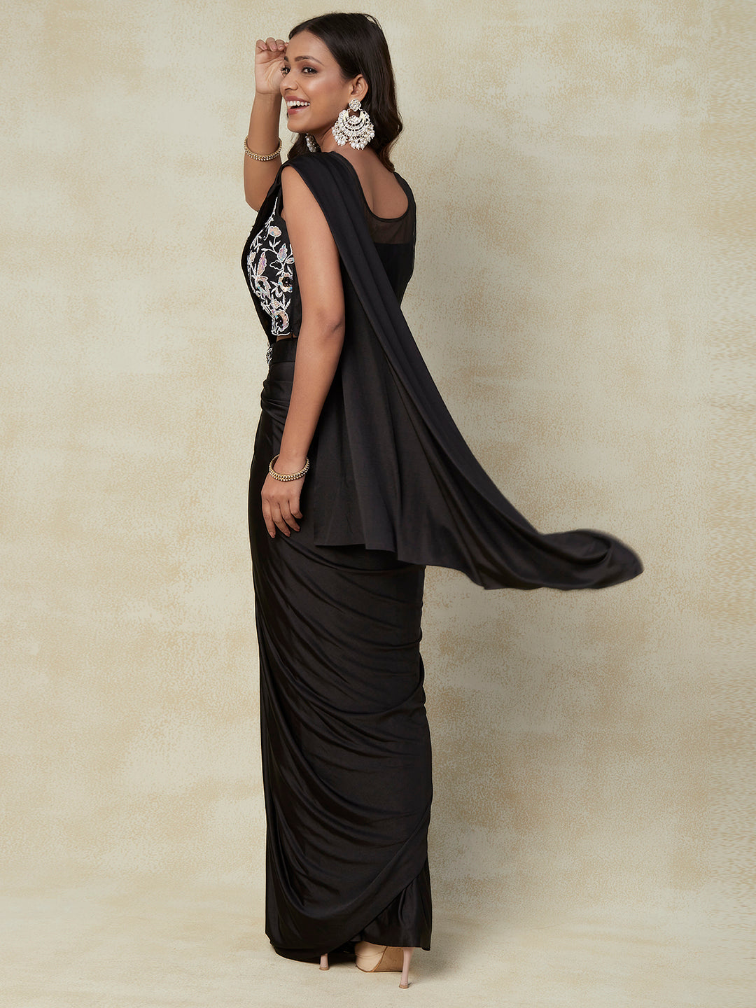 Black Lycra Ready to Wear Saree With Embroidery Work with Blouse - PepaBai
